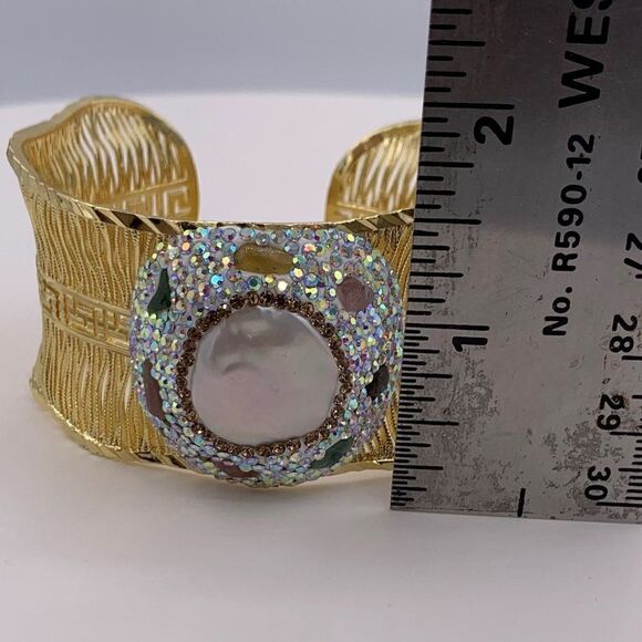 Bracelet, NWOT, wide cuff gold plated, real pearl, crystals, natural tourmaline - Picture 7 of 17